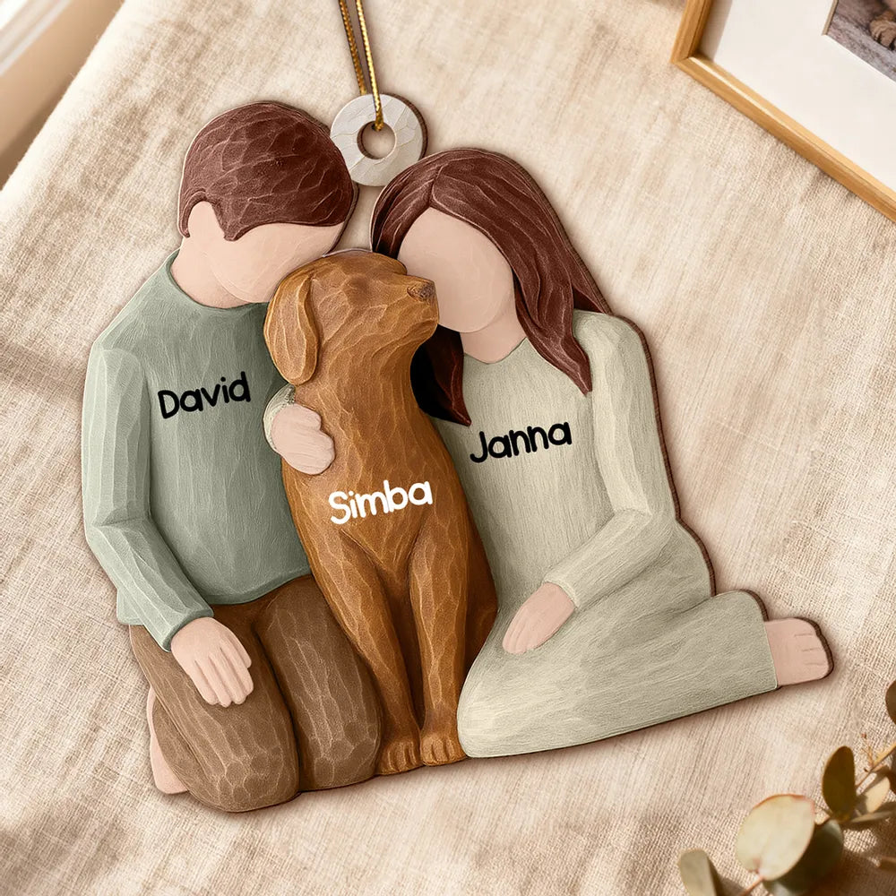 Couple and the Dogs 3D Effect - Personalized Wooden Ornament - Christmas Gift for Couple Dog Owners