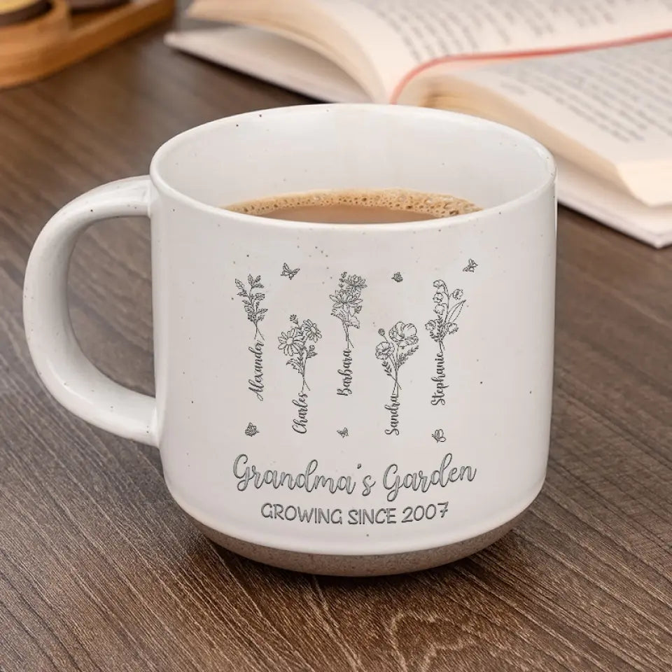 Love Grows Here - Personalized Engraved Pottery Mug - Gift For Mom, Grandma, Mother's Day, Birthday Gift