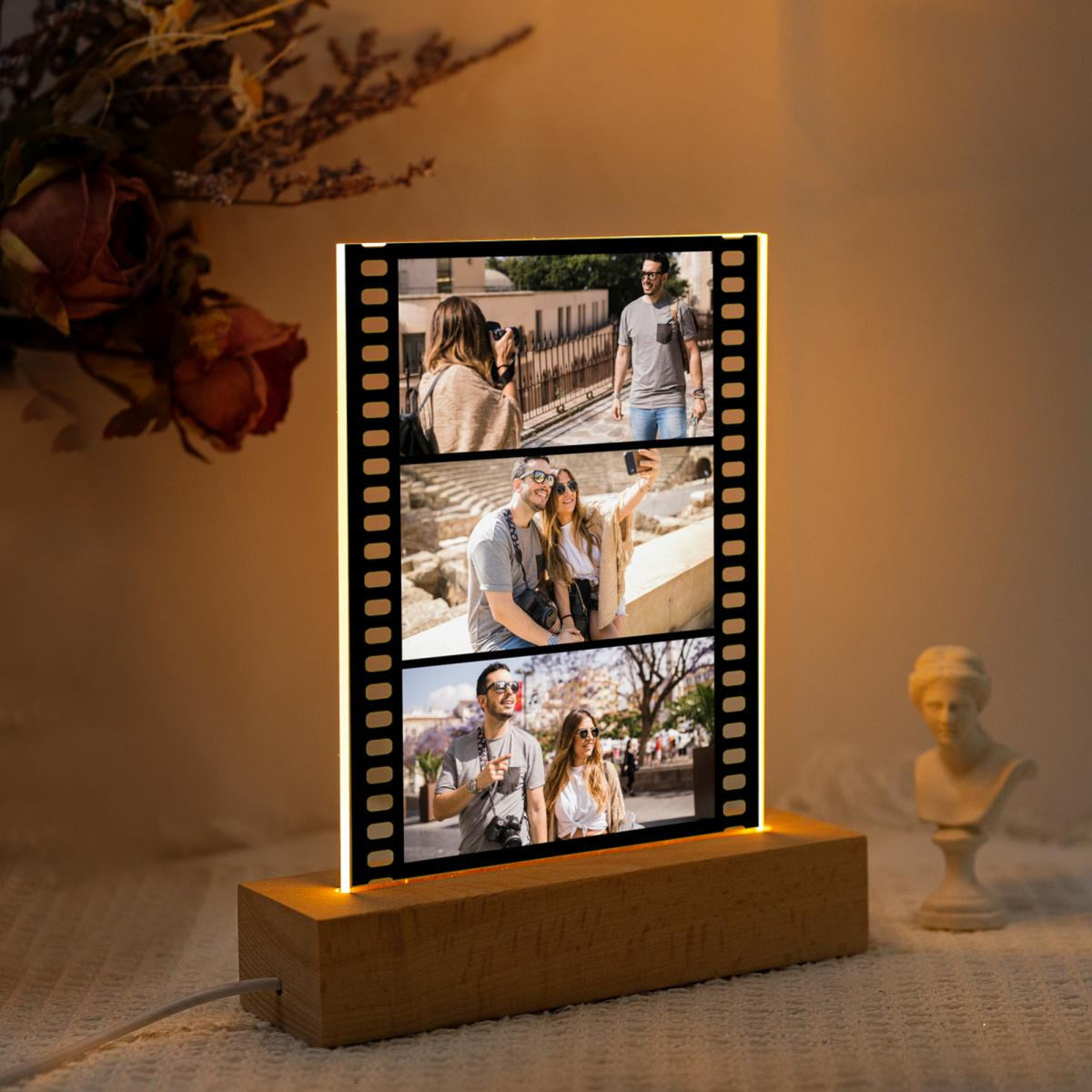 Couple Custom Photo Film Frame, Custom Photo LED Light Wooden Base, Photo Collage LED Light, Anniversary Gift, Wedding Gift, Birthday Gift