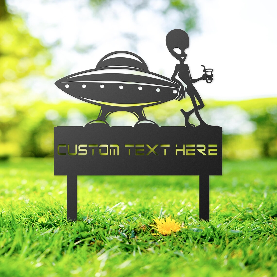 Alien & Spaceship Yard Stake, Custom Metal Alien Garden Yard Art, Outer Space Yard Decor, Funny Alien Yard Stake