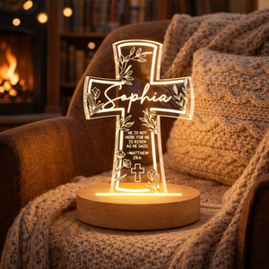 Personalized Bible Verse Cross Night Light, Custom Name Christian Light Up Sign, He Is Risen Gift, Faith Gift, Bible Verse Jesus Lamp
