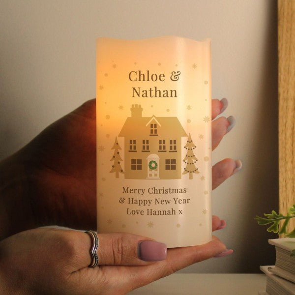 Festive Village Merry Christmas - Custom LED Flameless Candle - Christmas Gift For Couple, Family, Friends