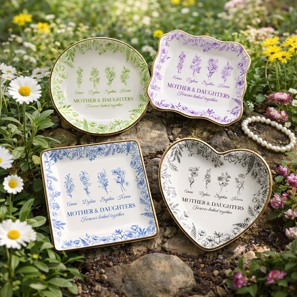 Personalized Mom Birth Flower Ring Dish, Custom Mother's Day Jewelry Dish, Mother & Daughters Birth Month Flower Keepsake