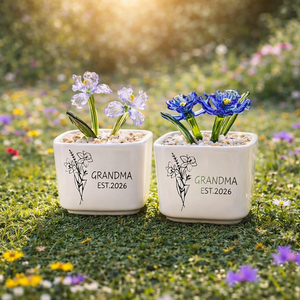 Mom Grandma Birth Flower Glass Pot, Personalized Mom Grandma Est Gift, Hand Blown Everlasting Flower Plant, Mother's Day Gift for Grandma