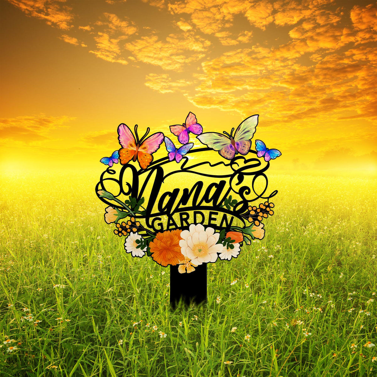 Personalized Garden Stake, Nana's Garden Sign with Butterflies and Flowers, Outdoor Metal Sign, Mother's Day Gift, Nana's Blessings With Butterflies