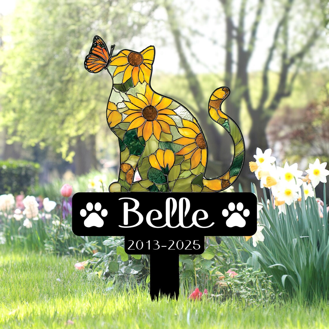 Custom Cat Sunflower Memorial Stake, Personalized Cat Grave Marker, Flat Cat Garden Stake, Pet Remembrance Sign, Cat Loss Sympathy Gift