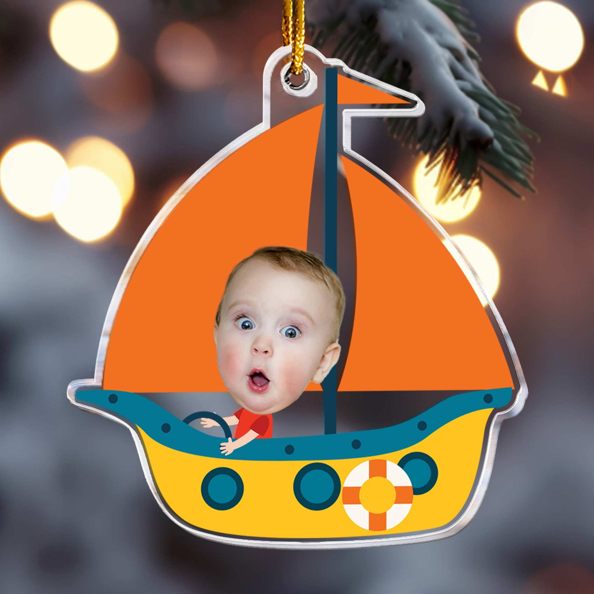 Kids Riding Sail Boat - Personalized Acrylic Shaped Ornament - Christmas Gift For Kids