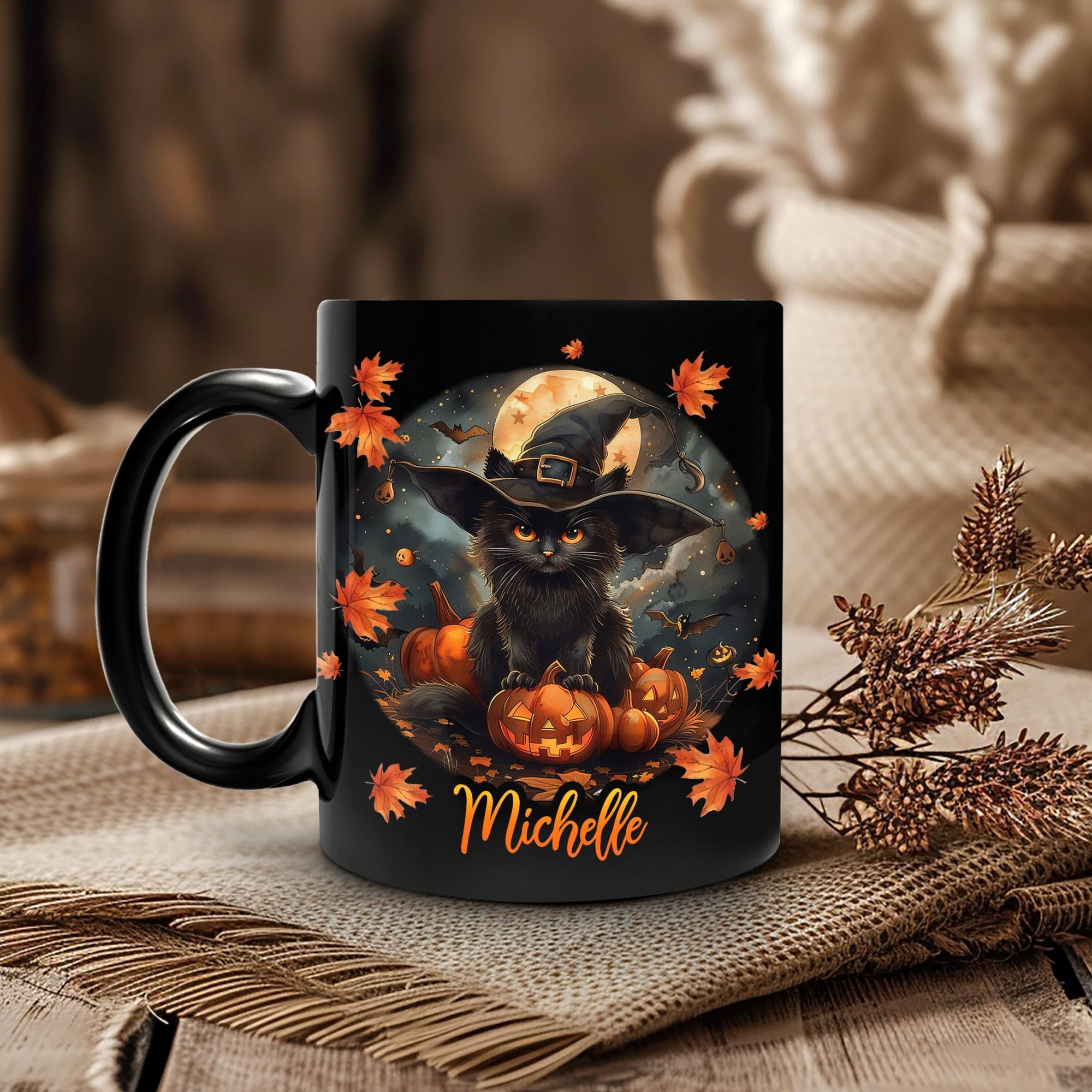 Personalized Black Cat Halloween Mug, Pumpkin Halloween Mug, Cute Spooky Halloween Mug, Black Cat Lover Gifts, Fall Mug, Autumn Cat Mug