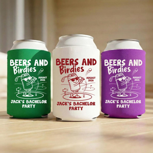 Beers and Birdies Can Cooler, Golf Party Favor, Custom Name Drink Sleeve, Golf Theme Gift, Groomsmen Party Favor, Bachelor Trip Gift