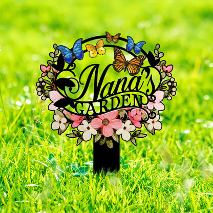 Personalized Nana's Garden Sign, Metal Garden Stake with Flowers and Butterflies, Outdoor Yard Decoration, Grandma Gift, Nana's Blessings