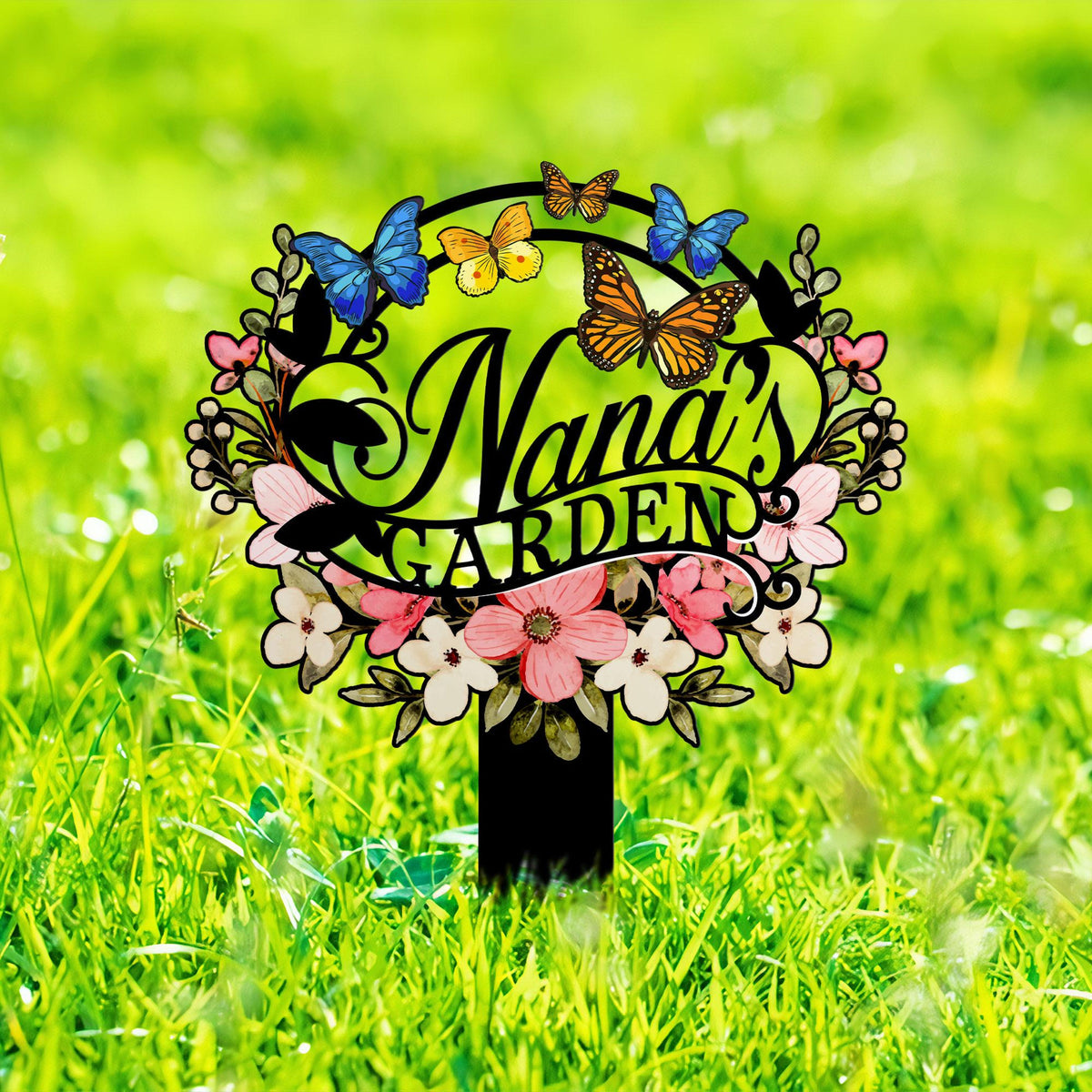 Personalized Nana's Garden Sign, Metal Garden Stake with Flowers and Butterflies, Outdoor Yard Decoration, Grandma Gift, Nana's Blessings