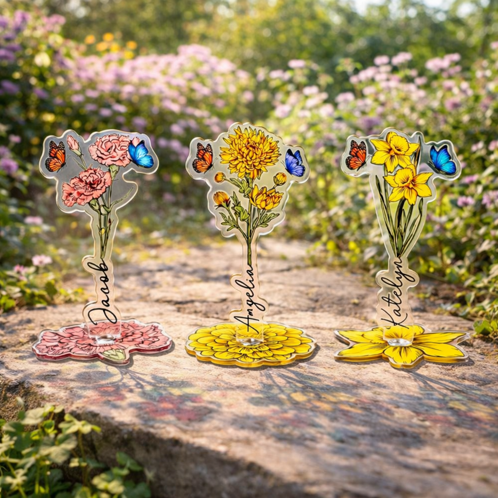 Personalized Birth Flower Spinning Standee, Custom Name Acrylic Standee, Mother's Day Gift, Birthday Gift for Her, Floral Plaque, Mom Gift