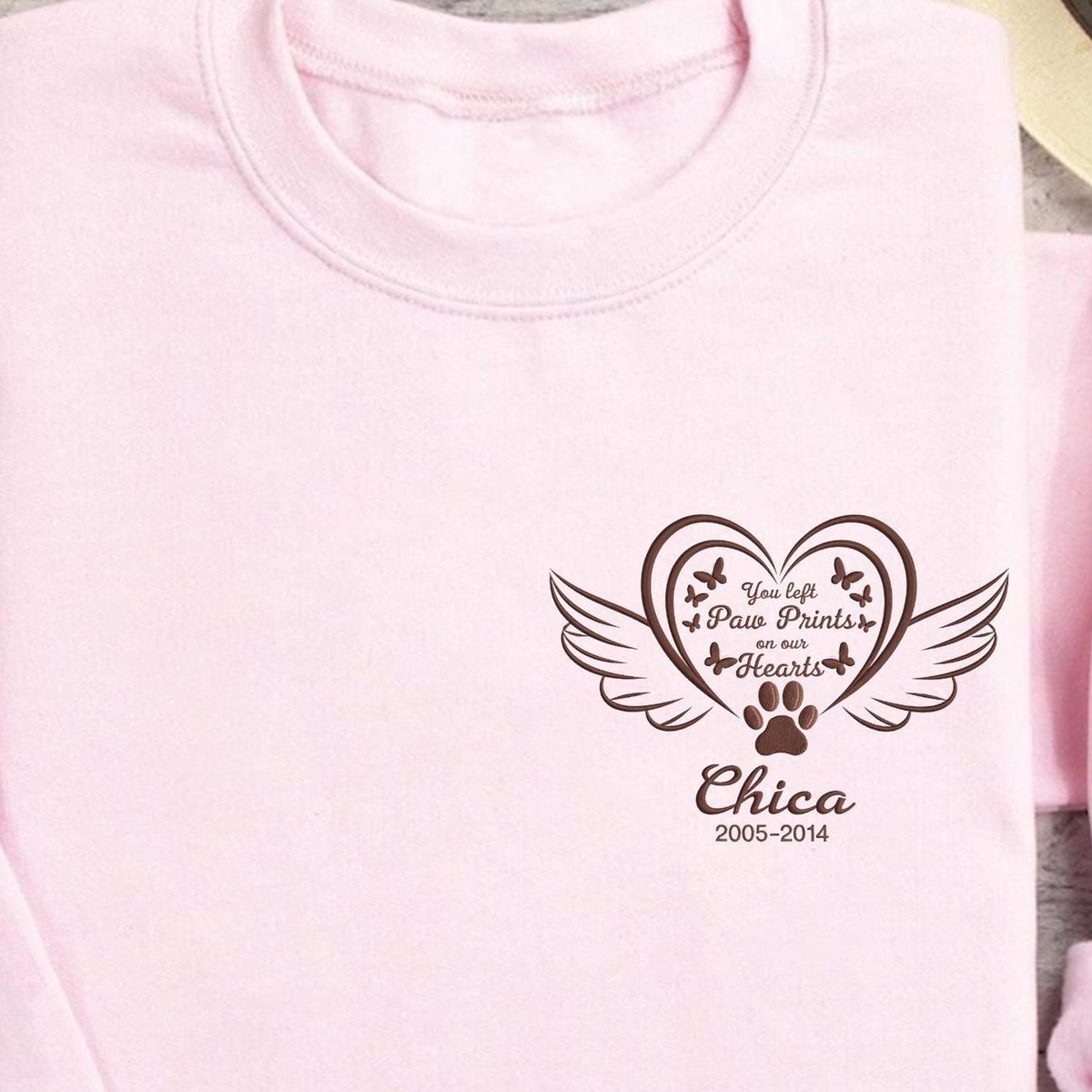 You Left Paw Prints On Our Hearts, Personalized Embroidered Sweatshirt, Custom Name & Date, Memorial Embroidered Sweatshirt