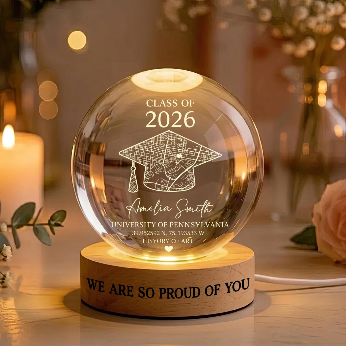 Personalized Class of 2026 Crystal Ball Night Light, Custom Graduation Gift, LED Lamp for Senior Keepsake