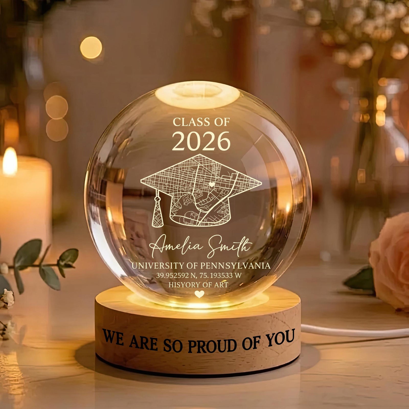 Personalized Class of 2026 Crystal Ball Night Light, Custom Graduation Gift, LED Lamp for Senior Keepsake