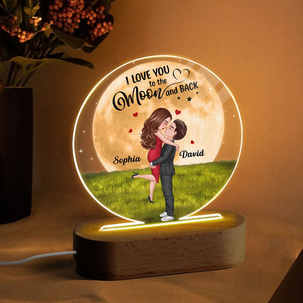 Big Moon Hugging Couple - Personalized LED Light Wooden Base - Valentine's Day Gift For Couple