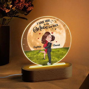 Big Moon Hugging Couple - Personalized LED Light Wooden Base - Valentine's Day Gift For Couple