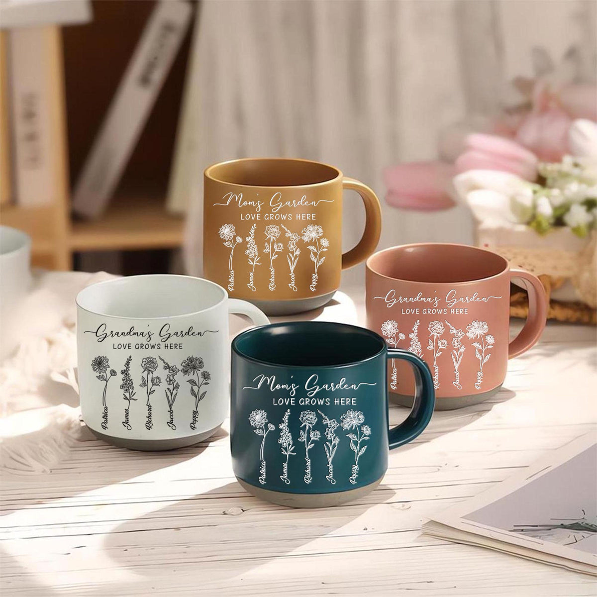 Personalized Mom's Garden Birth Month Flowers Pottery Mug With Kid's Names, Mom's Garden Coffee Mug, Mother's Day Gift