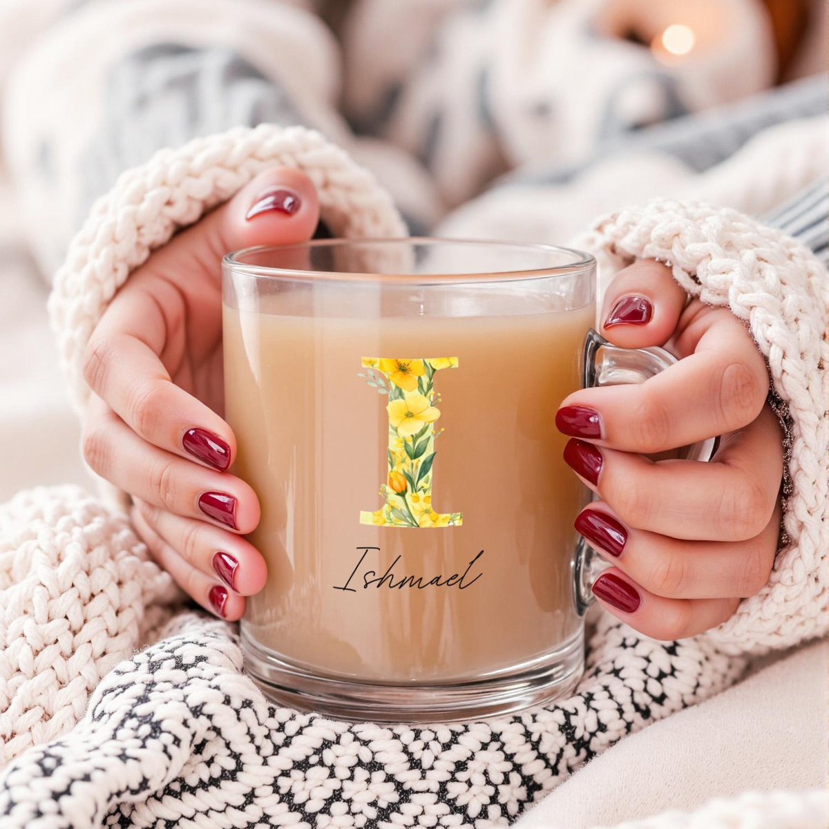 Personalized Floral Monogram Clear Glass Mug Custom Name Coffee Cup Elegant Bridesmaid Gift Wildflower Tea Cup Wedding Favor Gift for Her