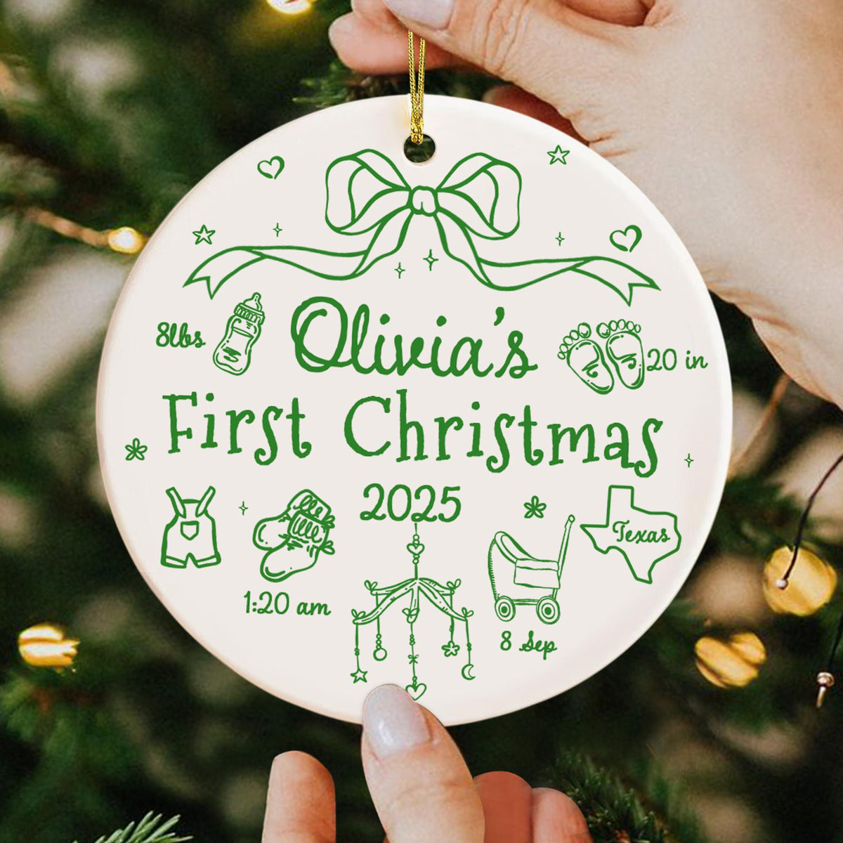 Personalized Baby First Christmas 2025 Ornament, Custom Baby Birth Stats Ornament, Baby Name Bow Ornament, New Baby Gift, Baby Newborn Gift