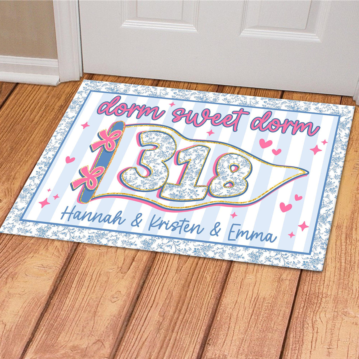 Personalized Blue Chinoiserie Dorm Doormat: Custom Stripe Roommate Names Welcome Mat, College Apartment Decor, Girls Dorm Decor