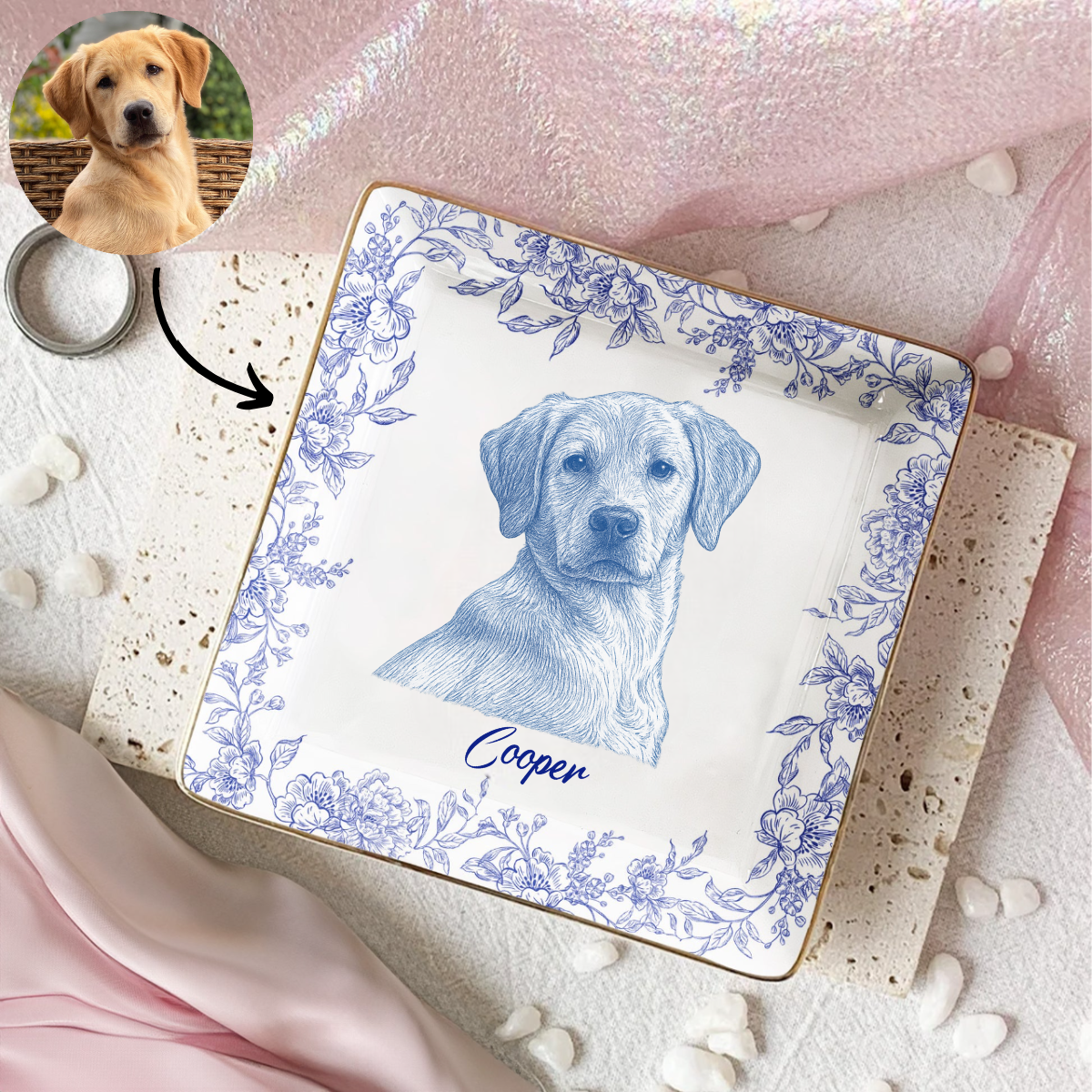 Pet Blue Toile Pattern Upload Photo - Personalized Jewelry Dish - Gift For Dog Lover, Cat Lover, Friends