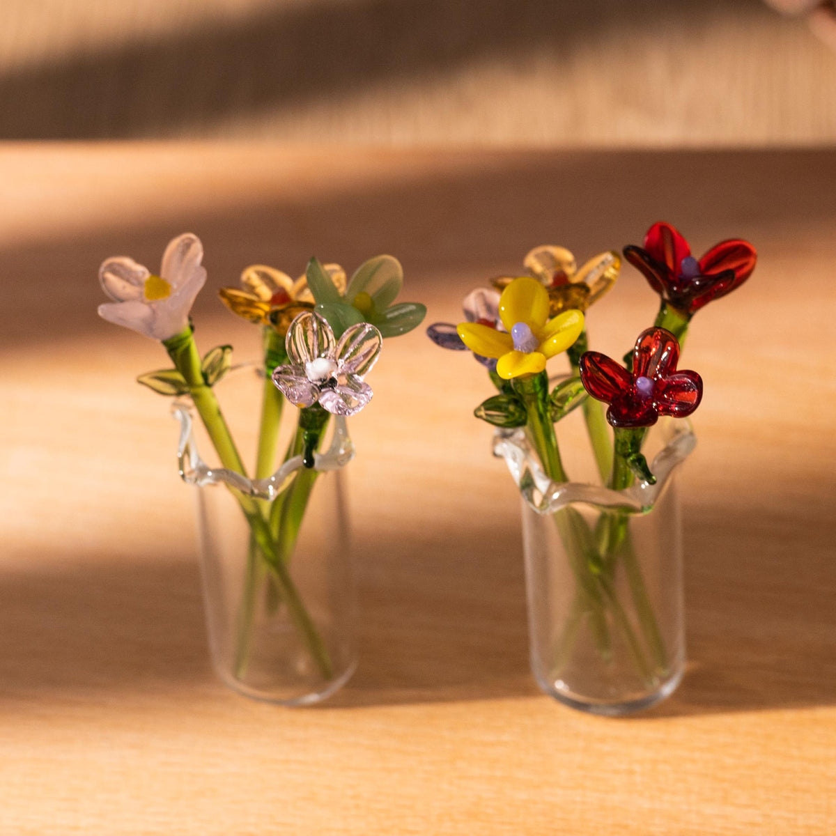 Mini Glass Flower Vase, Handcrafted Floral Figurine, Miniature Flowers Bouquet, Mother's Day Gift