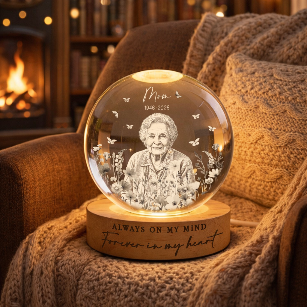 Custom Mom Memorial Crystal Ball Night Light, Engraved Photo Light Night, Loss of Mother Gift, Always On My Mind, Mothers Day Gift for Mom
