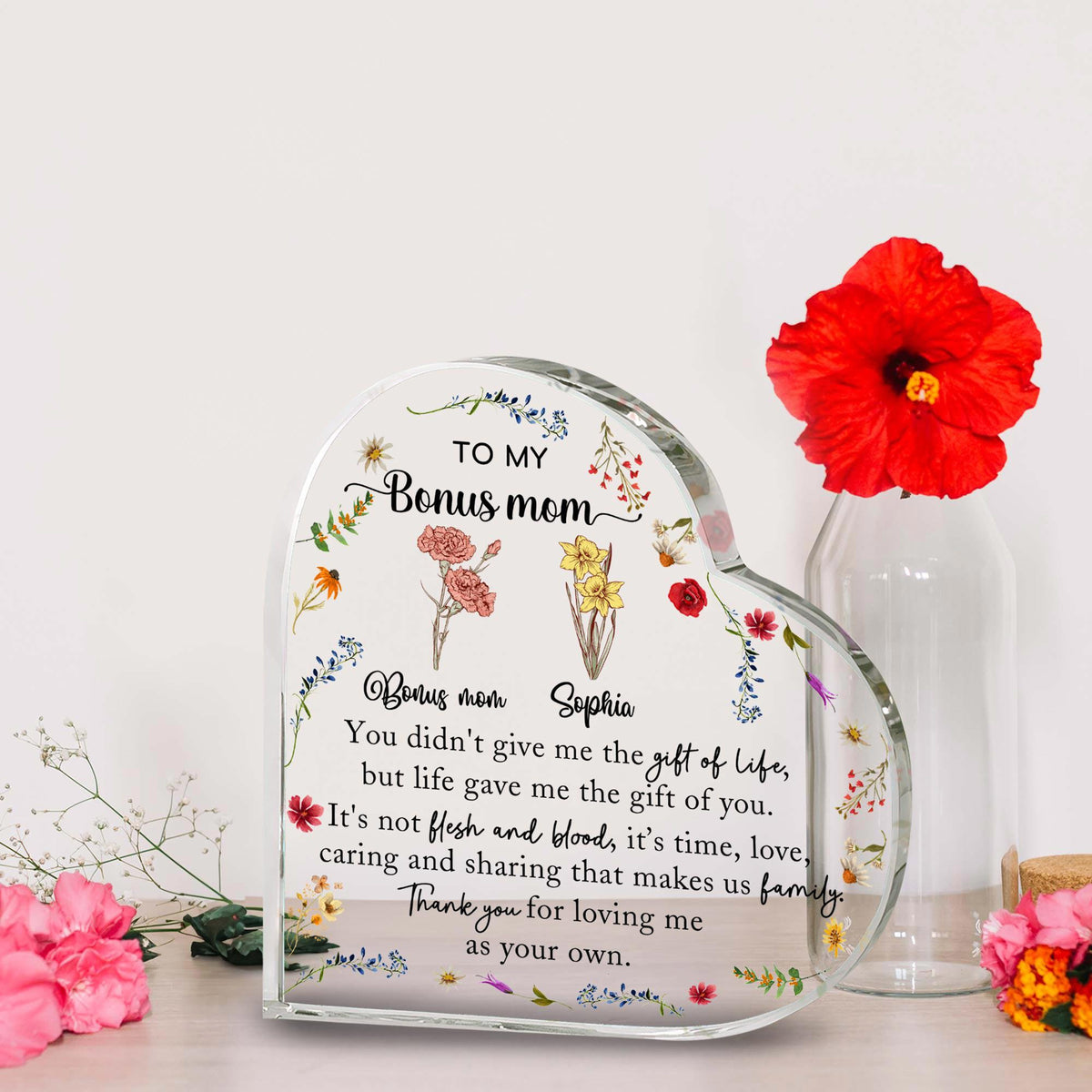 Personalized Stepmother Gift From Daughter, To My Bonus Mom Heart Acrylic Plaque, Mothers Day Gift, Birth Month Flower Gifts For Stepmom