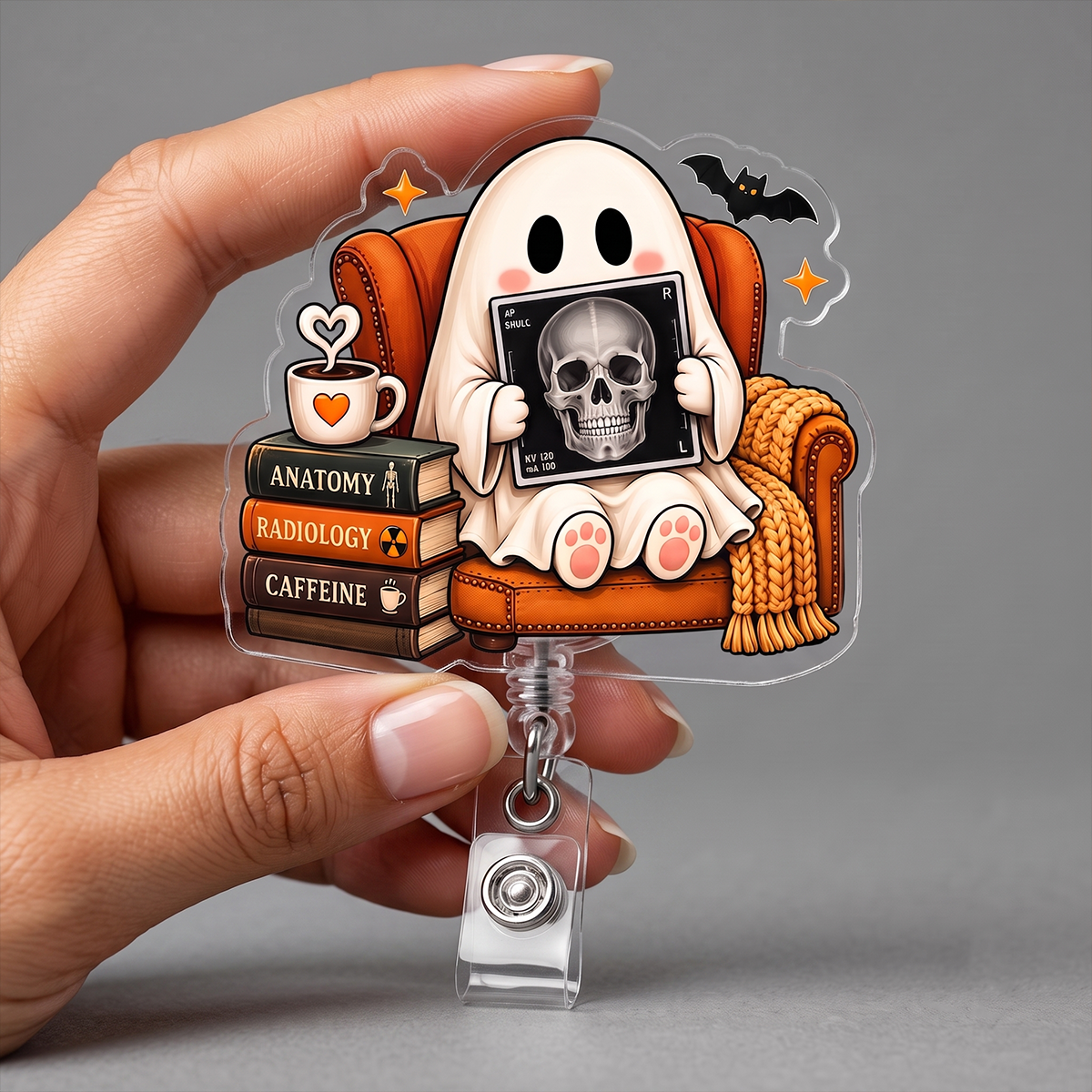 Radiology Ghost Rad Tech Badge Reel, CT Technologist Gift, X-ray Tech ID Holder, Skeleton Pumpkin Hospital Retractable Acrylic Badge Clip