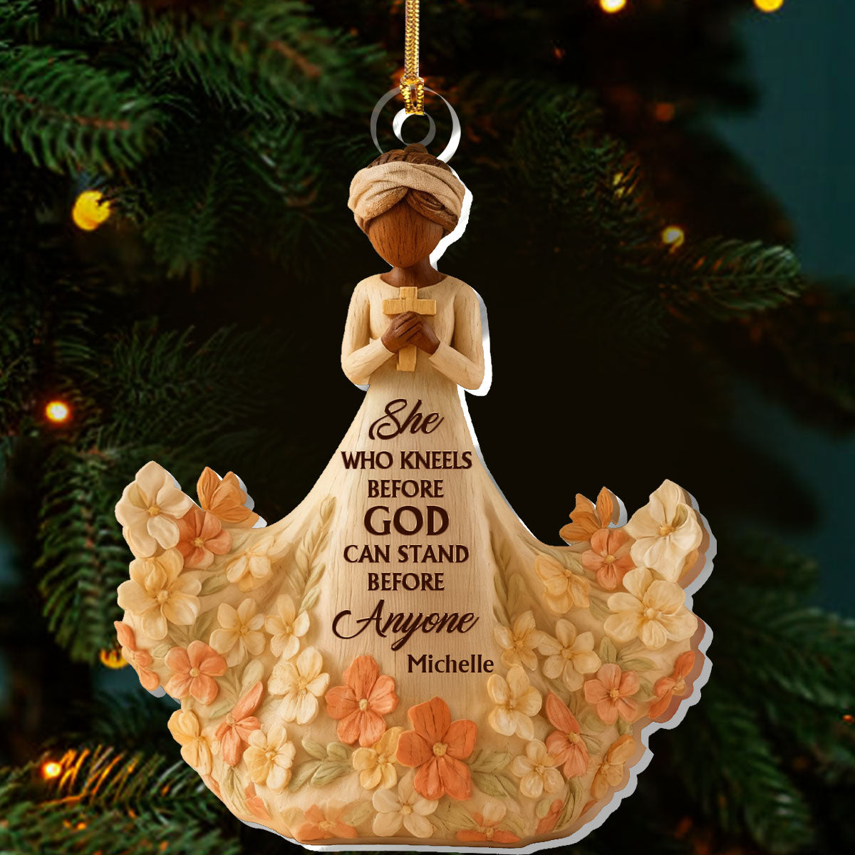 She Who Kneels Before God Can Stand Before Anyone - Personalized Acrylic Ornament - Christian Gift