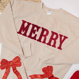Merry Side Bow Cut-Out Sweatshirt With Glitter, Trendy Coquette Bow, Custom Side Bow Applique Christmas Sweatshirt, Merry Christmas Sweater