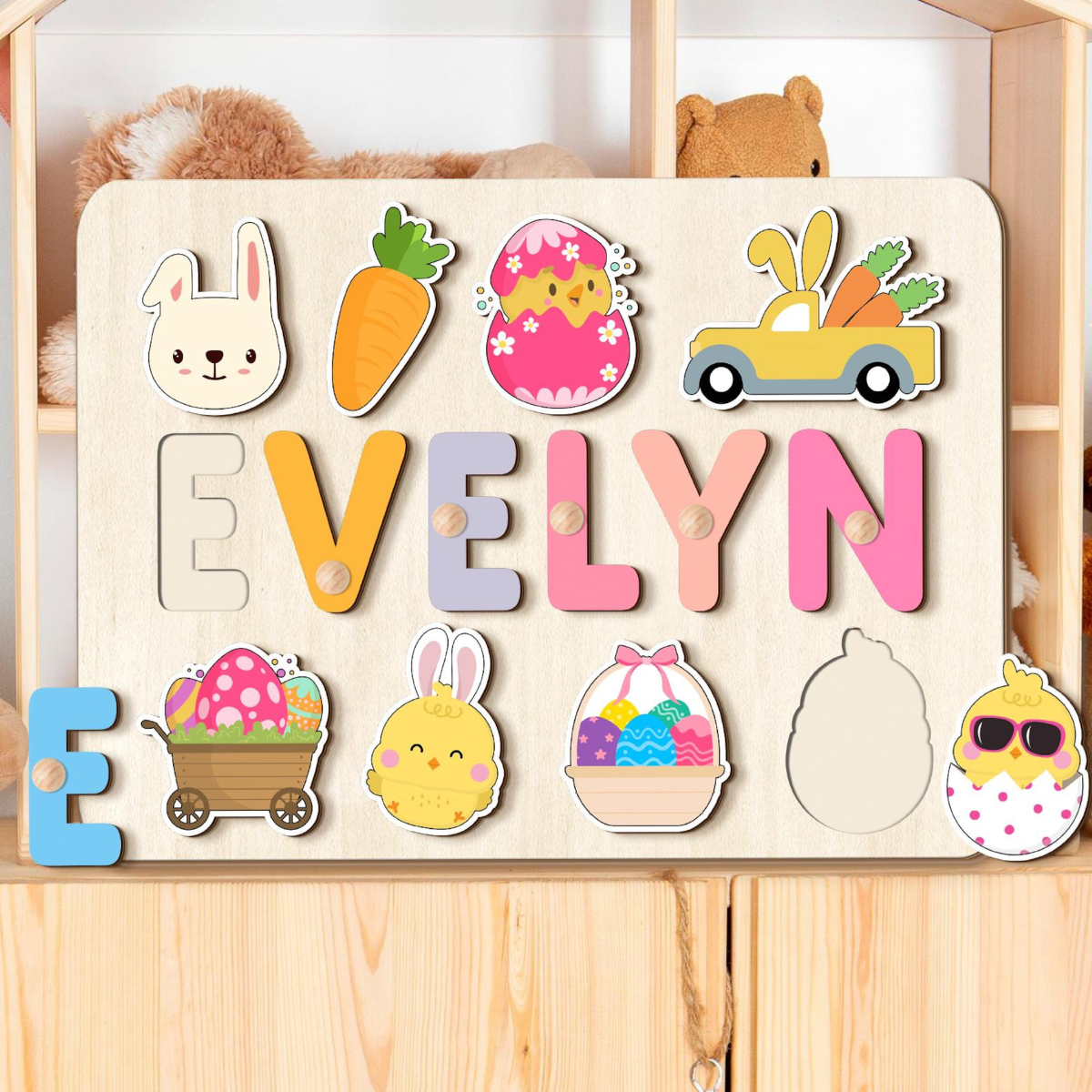 Easter Bunny Name Puzzle For Toddlers, Personalized Name Puzzle For Easter Basket Stuffer, Easter Gifts for Kids, Wooden Toys, Gift for Girl