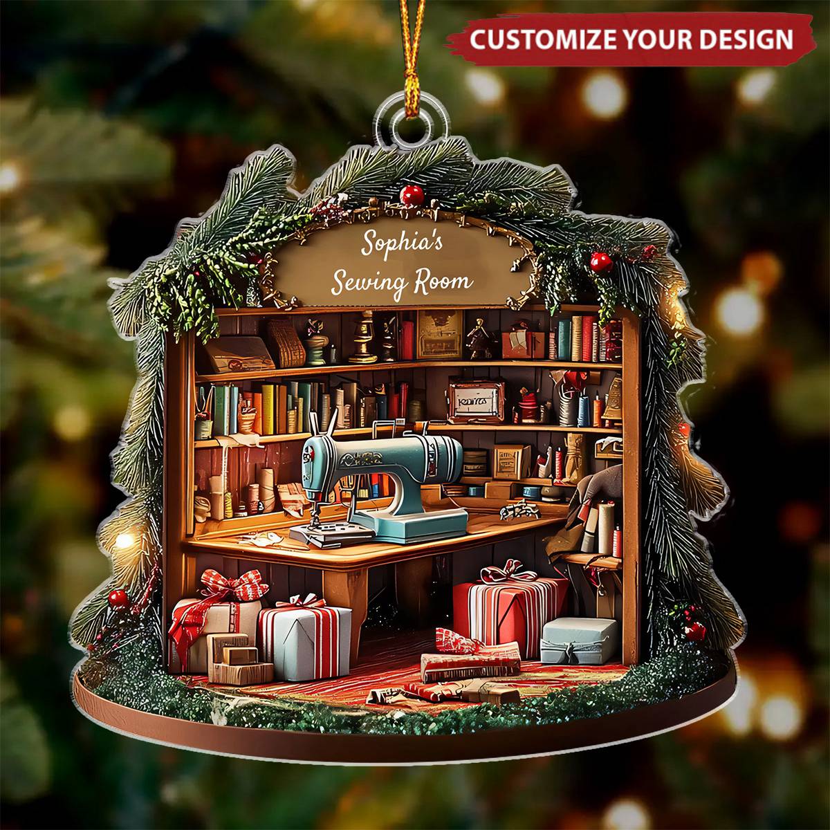 Her Sewing Room, Embroidery Room, Personalized Acrylic Christmas Ornament, Gift For Sewing Lovers