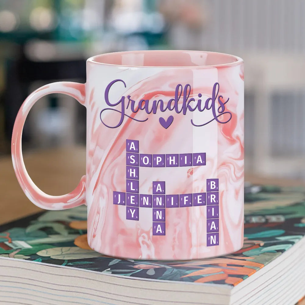 Grandkids Purple Crossword Wildflower Pattern - Personalized Marble Mug - Gift For Grandma Mom, Mother's Day, Birthday Gift