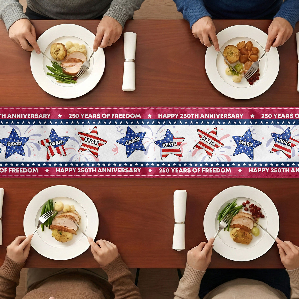 USA 250th Birthday Custom Name Patriotic Star - Personalized Table Runner - Patriotic Gift For Family, Independence Day, 4th Of July Family Decoration