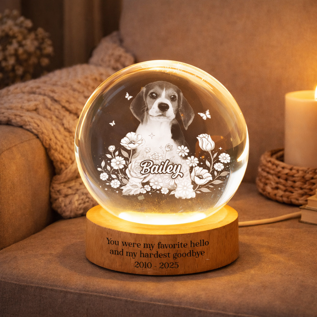 Custom Pet Portrait - Personalized Crystal Ball LED Night Light - Heartfelt Gift for Pet Lovers, Memorial Gift, Pet Remembrance