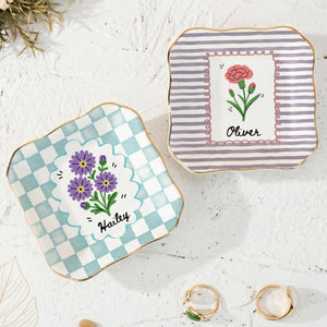 Personalized Birth Flower Custom Name Ring Dish, Stripe Vintage Style Jewelry Dish for Her Daughter Friends, Bridesmaid Proposal Gift