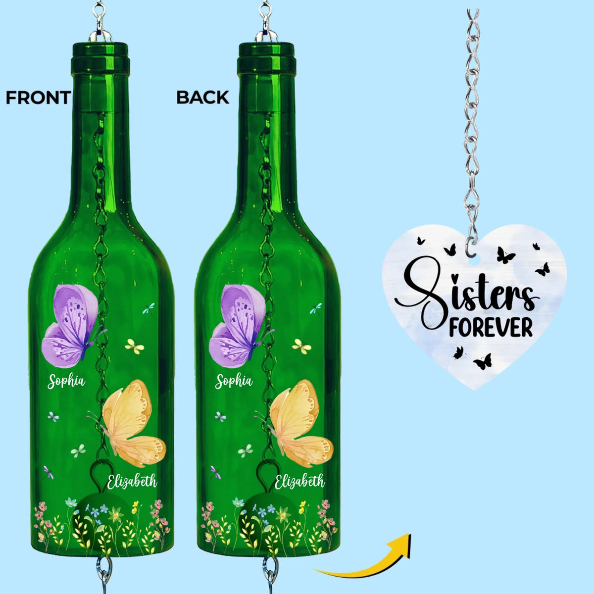 Sisters Birth Month Butterflies - Personalized Wine Bottle Wind Chime - Birthday Gift For Sisters, Besties