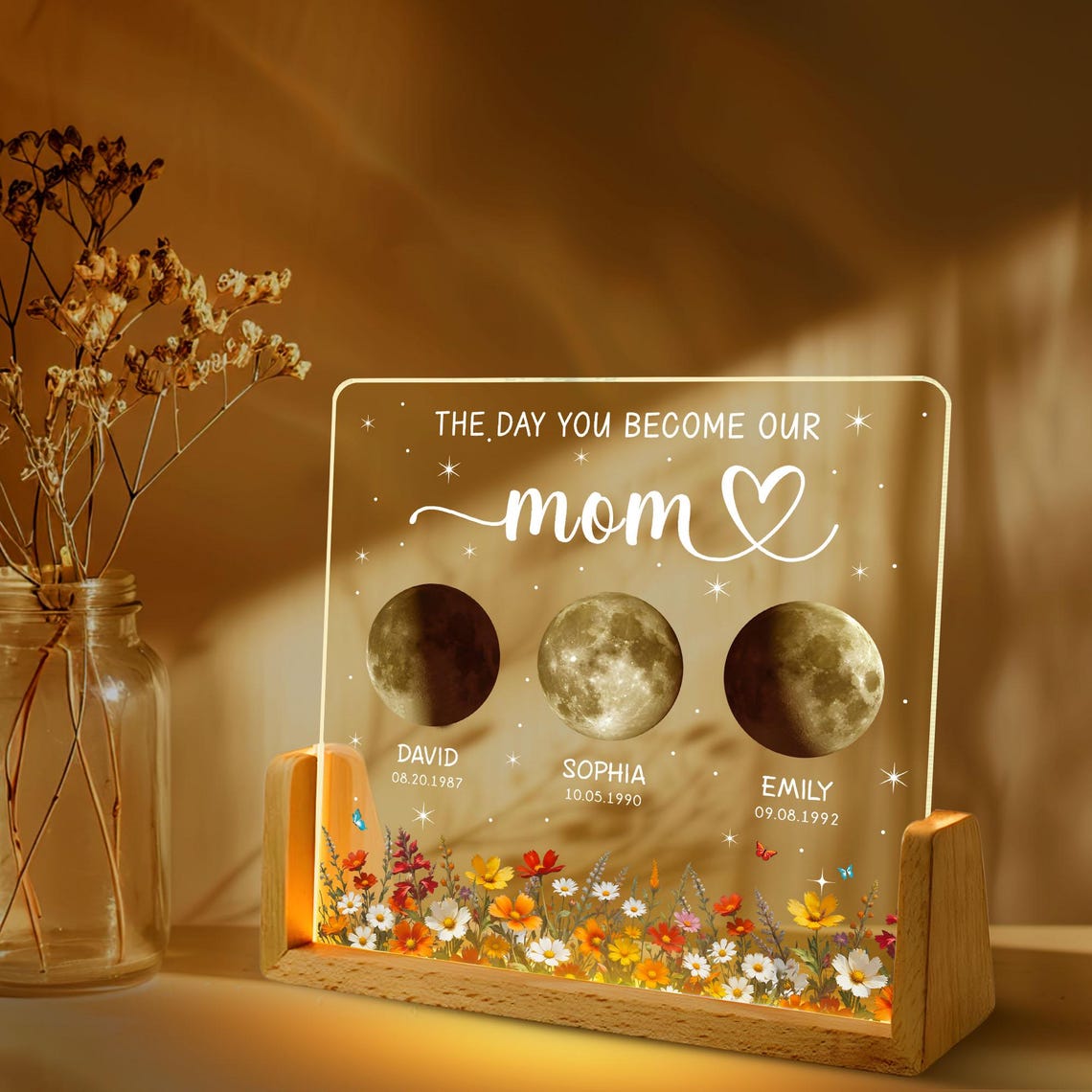 Personalized Moon Phase Acrylic Lamp, Custom Moon Acrylic Nightlight, The Days You Became Our Mom Anniversary Gift, Mother's Day Gift