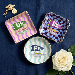 Custom School Pennant Flag Ring Dish, Personalized College Graduation Gifts for Her, Class of 2026 Keepsake Gift
