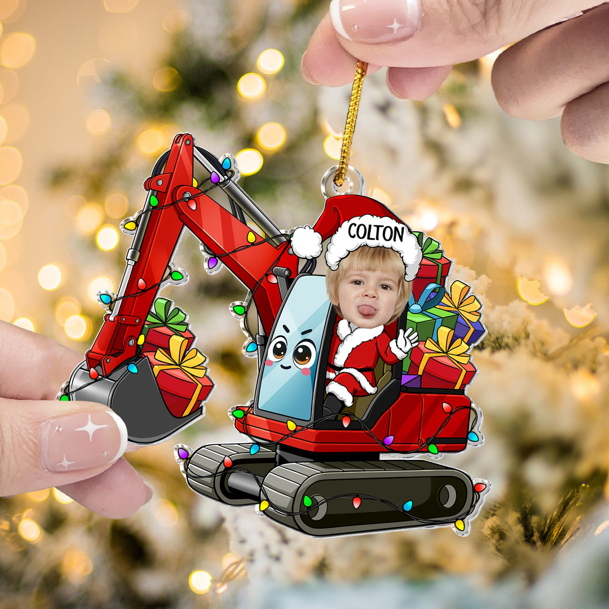 Custom Kid Face Cartoon Excavator - Personalized Acrylic Shaped Ornament - Christmas Gift For Kids