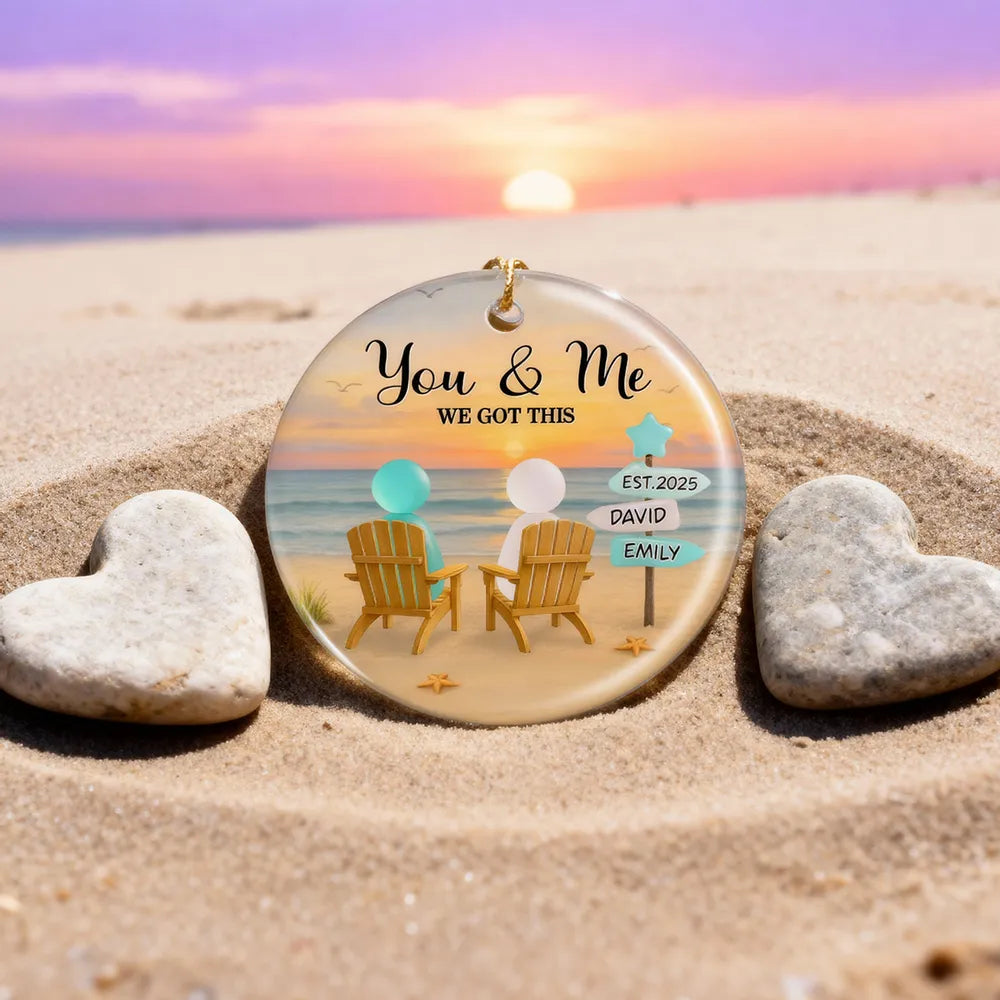 3D Effect Sea Glass Couple Romantic Beach Landscape - Personalized Ornament - Christmas Gift For Couple