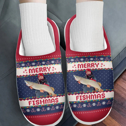 Custom Photo Merry Fishmas - Personalized Fleece Slipper - Christmas Gift For Fishing Lovers, Fisherman
