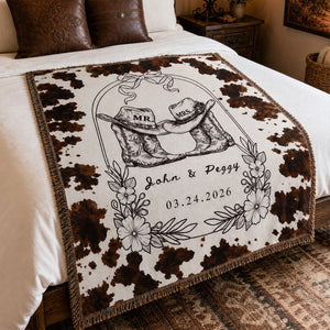 Personalized Wedding Gift Blanket - Rustic Western Mr and Mrs Blanket with Cow Boots Design - Custom Date Anniversary Present for Couples