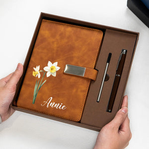 Personalized Birth Flower Leather Notebook With Pen, Custom Leather Journal For Daughter Graduation, Friend & Colleague Birthday Gift