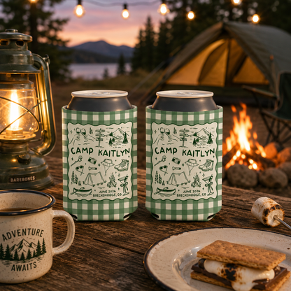 Camp Bachelorette Can Cooler, Bachelorette Camping Drink Holder, Camp Themed Bridal Party Favors, Custom Location Bridesmaid Gifts