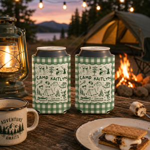 Camp Bachelorette Can Cooler, Bachelorette Camping Drink Holder, Camp Themed Bridal Party Favors, Custom Location Bridesmaid Gifts