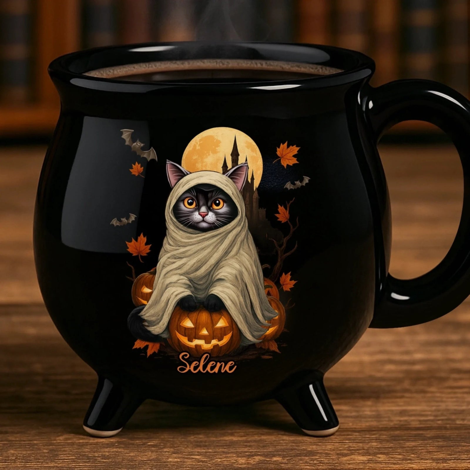 Witchy Cat Vibe - Personalized Halloween Black Ceramic Witch Mug - Halloween Gift For Family, Sisters, Friends, Siblings