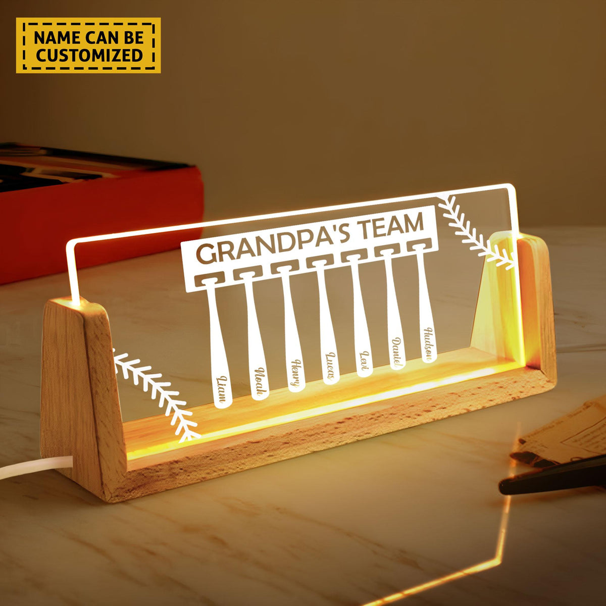 Baseball Grandpa Gift with Grandkids Names,Custom Grandpa's Team Night Light, Dad Gifts from Daughter Son, Father's Day Gift, Baseball Coach